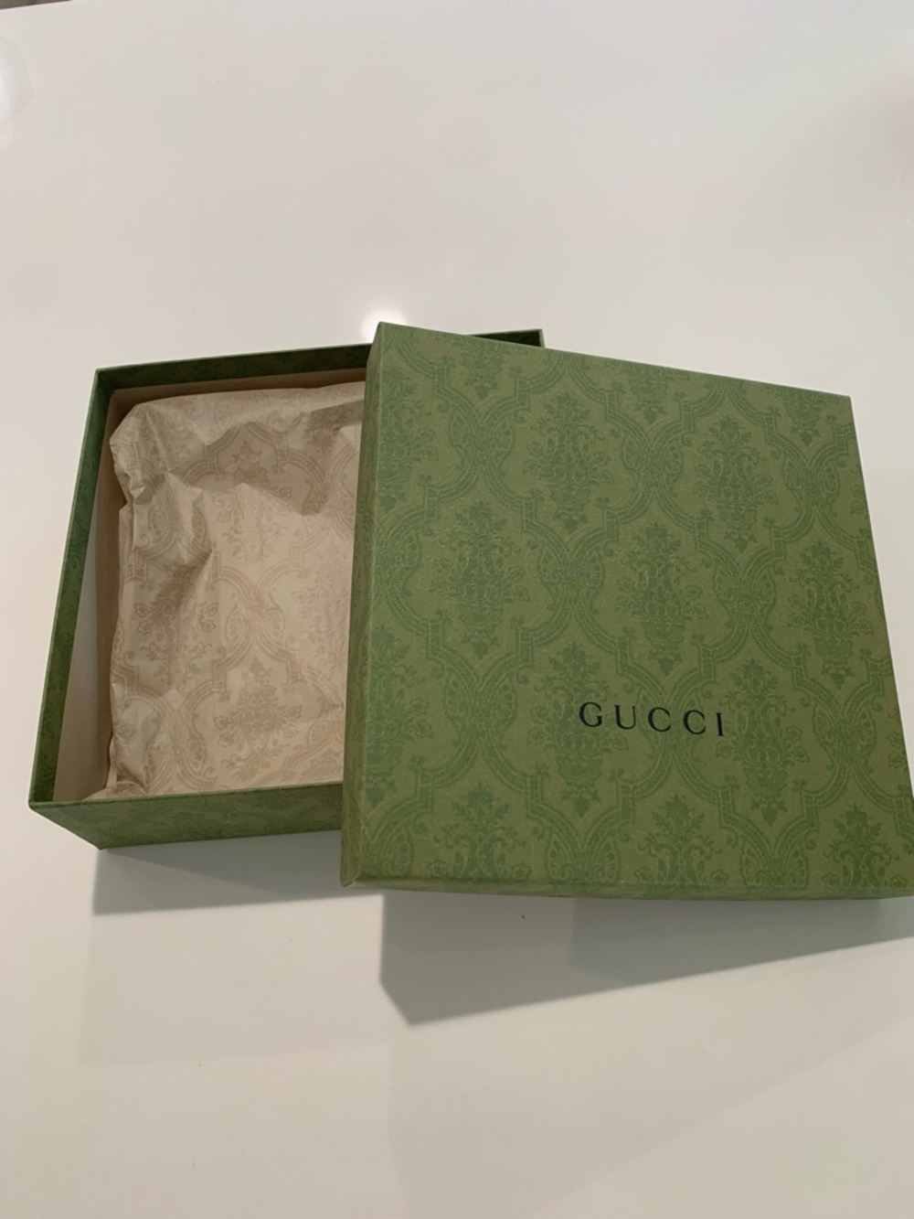 Authentic Gucci Olive Green Demask Empty Gift Box w/tissue. Medium square 9x9x3